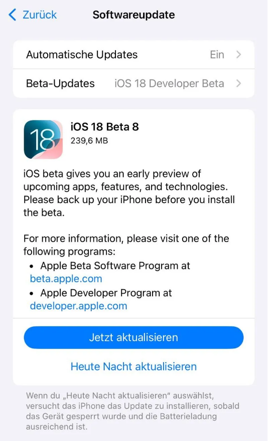 息烽苹果手机维修分享苹果 iOS / iPadOS 18 开发者预览版 Beta 8 发布 